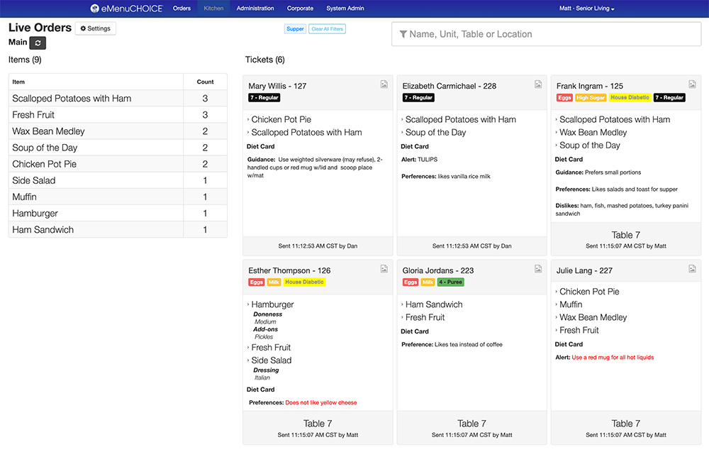 eMenuCHOICE managing dietary restrictions and allergen alerts in senior living food service