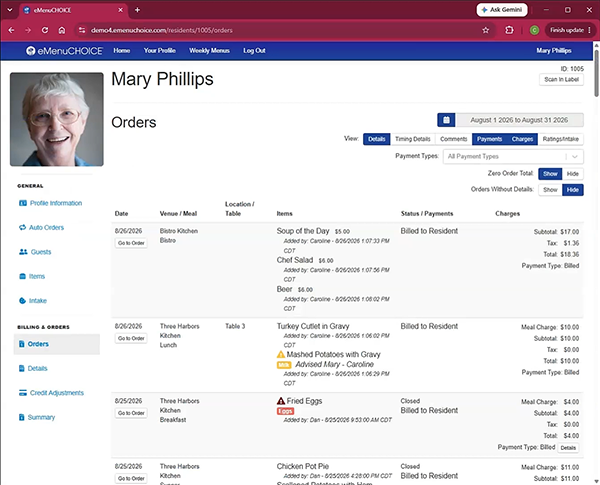 Family portal view — meal history and dietary restrictions in eMenuCHOICE