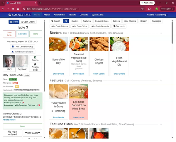 Server view — order entry with allergen alerts in eMenuCHOICE