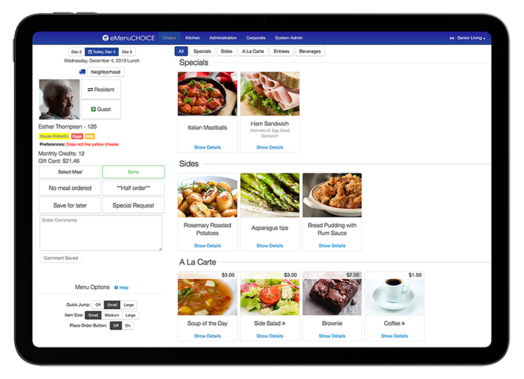 eMenuCHOICE resident dietary restrictions and special diet management for senior living
